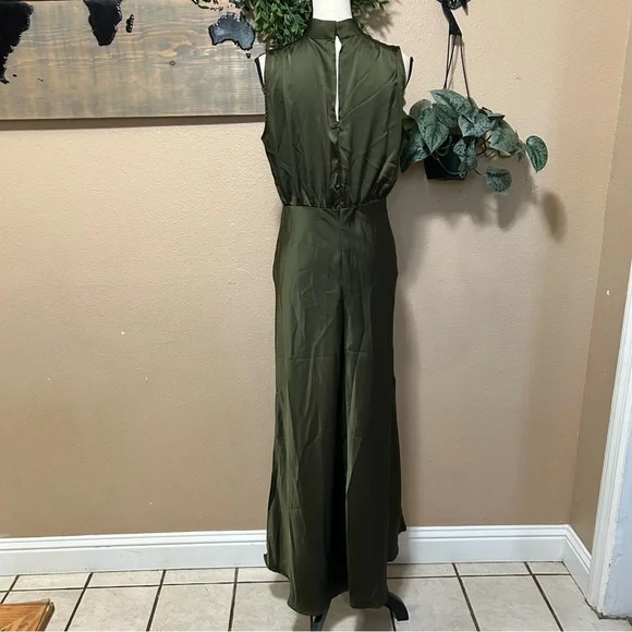 Lulus Classic Elegance Olive Satin Sleeveless Mock Neck Maxi Dress - Picture 4 of 8